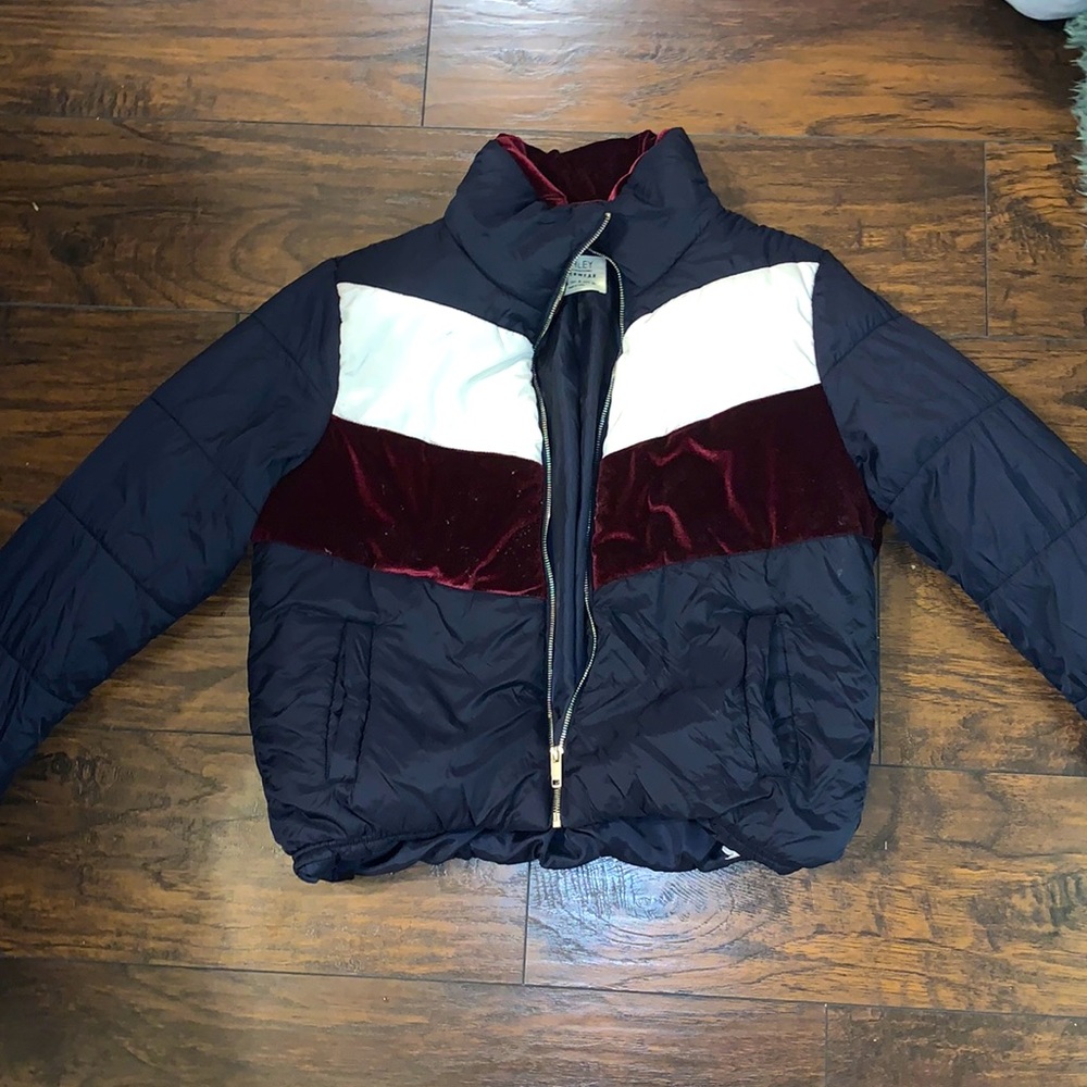Dark Blue Color Block Puffer Jacket.